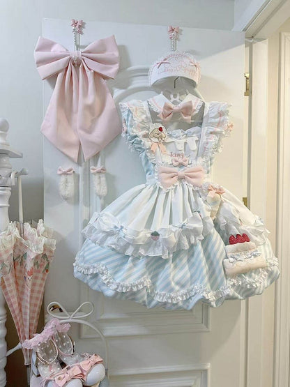 Apron Puppy Lolita Cake Cute Blue Dress Skirt OP Brooch with Decor Bubble and Stripe