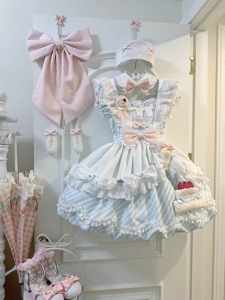 Lolita Cute Bubble Train Decor with Detachable and Cake Brooch Puppy Blue + Skirt Apron Sleeves Stripe Bow Dress OP