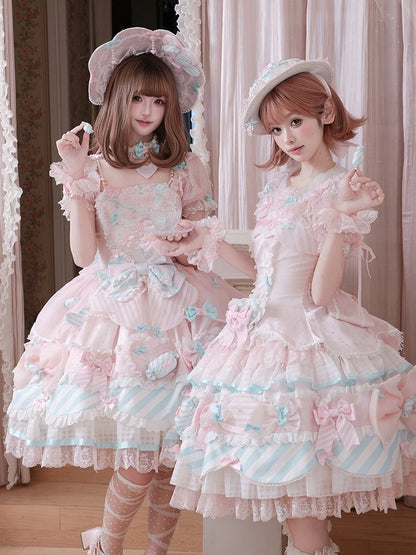 Pink & Blue Sheer Sleeves Tiered Sweet Lolita OP Dress with Bow and Candy Accents - Meng Fu Zi