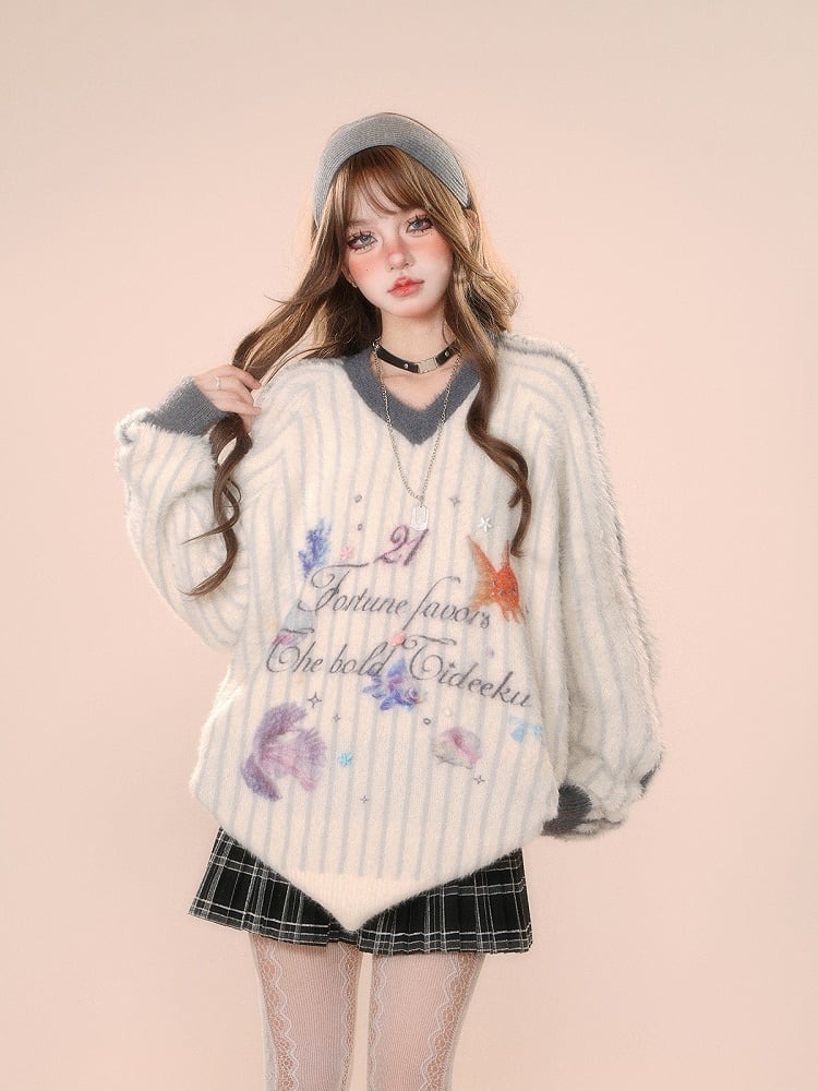 Ocean Print V-Neck White Plush Sweater Stripes with