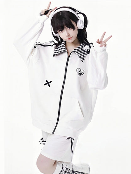 White/Black Heart Panda Embroidered Plaid Pattern Collar Jacket With A Panda Plushie