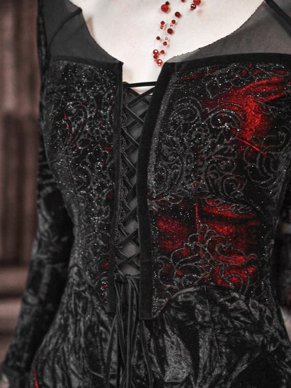 Flügel Romantischer Samt und geformter Spitzenausschnitt Fledermaus Vampirkleid Goth Meerjungfrau