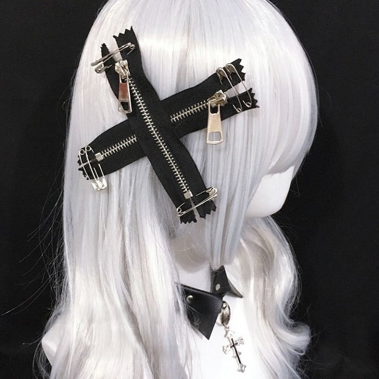 Black/White Details Safety Punk Pin Hairclip with Zipper