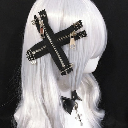 Black/White Details Safety Punk Pin Hairclip with Zipper