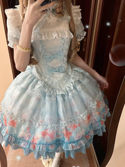 Robe bouffante en dentelle imprimée poisson rouge - Mewroco