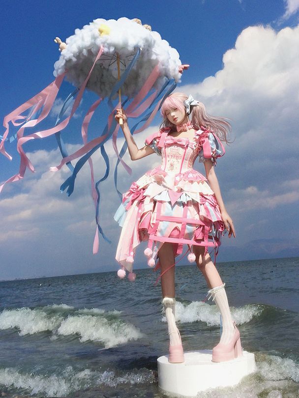 Bunny Dress Sweet Pink Detachable Jumper Circus Sleeves with Puff Skirt Embroidery Lolita