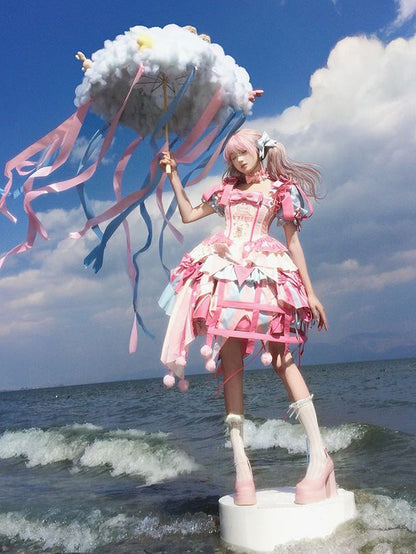 Bunny Dress Sweet Pink Detachable Jumper Circus Sleeves with Puff Skirt Embroidery Lolita