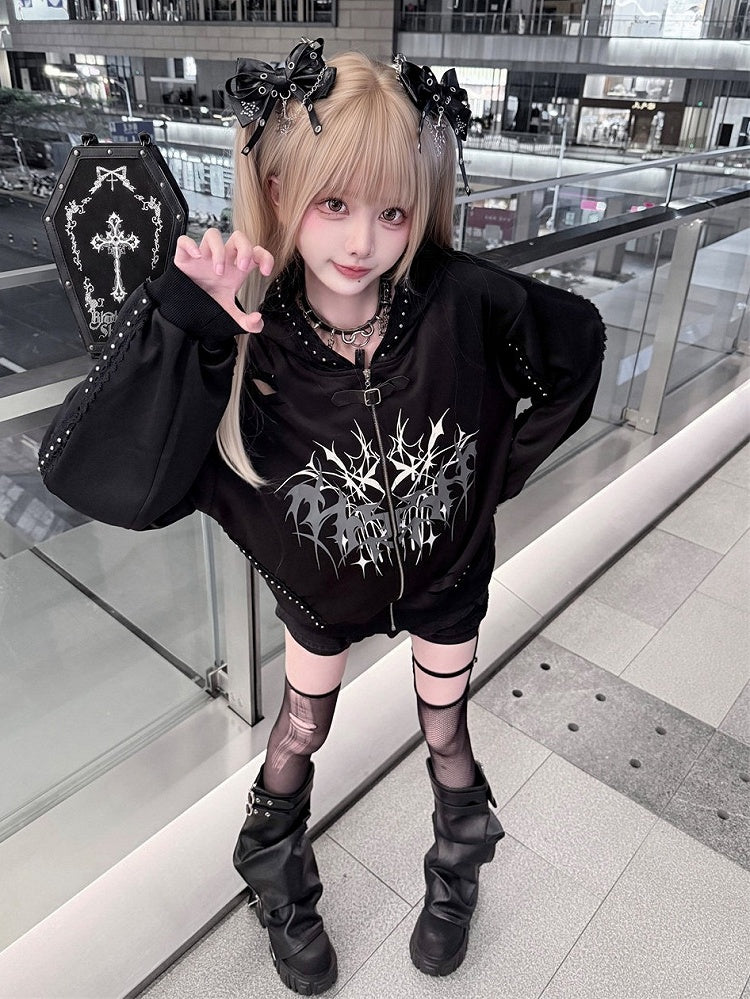 Distressed Black Thorn Graphic Jirai-Kei Hooded Jacket with Stud Accents - Puppet Bombs