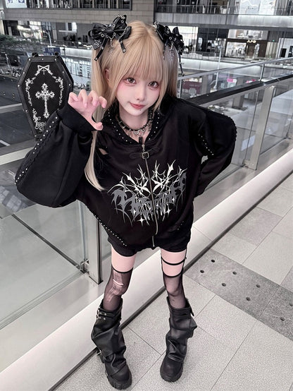 Distressed Black Thorn Graphic Jirai-Kei Hooded Jacket with Stud Accents - Puppet Bombs