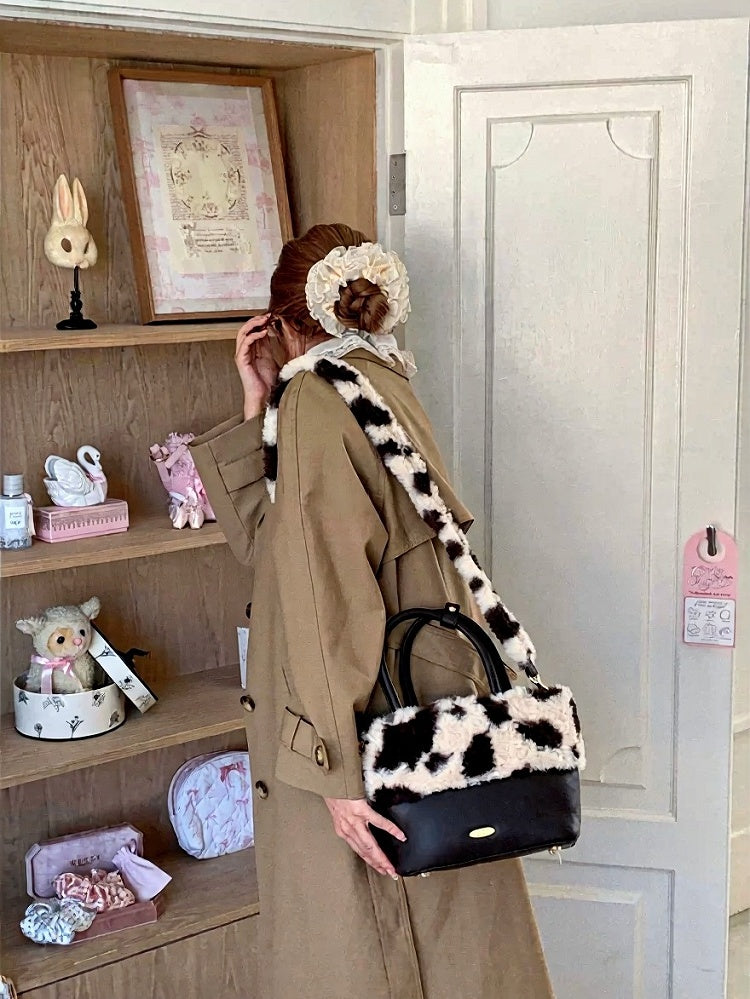 Brown Cow Print Shoulder Bag with Fluffy Crossbody Strap - Lalacita