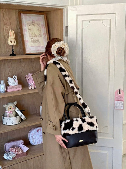 Brown Cow Print Shoulder Bag with Fluffy Crossbody Strap - Lalacita