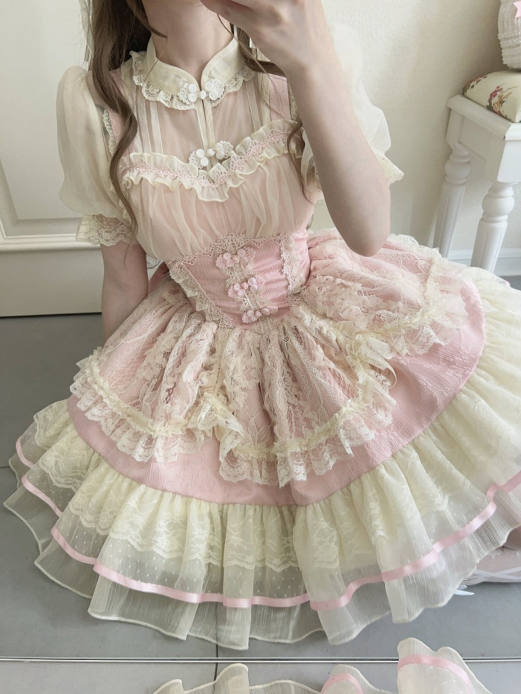 Lolita Sweet Button Chinoiserie Trim Ballet-Inspired Frog JSK Pink Dress Lace