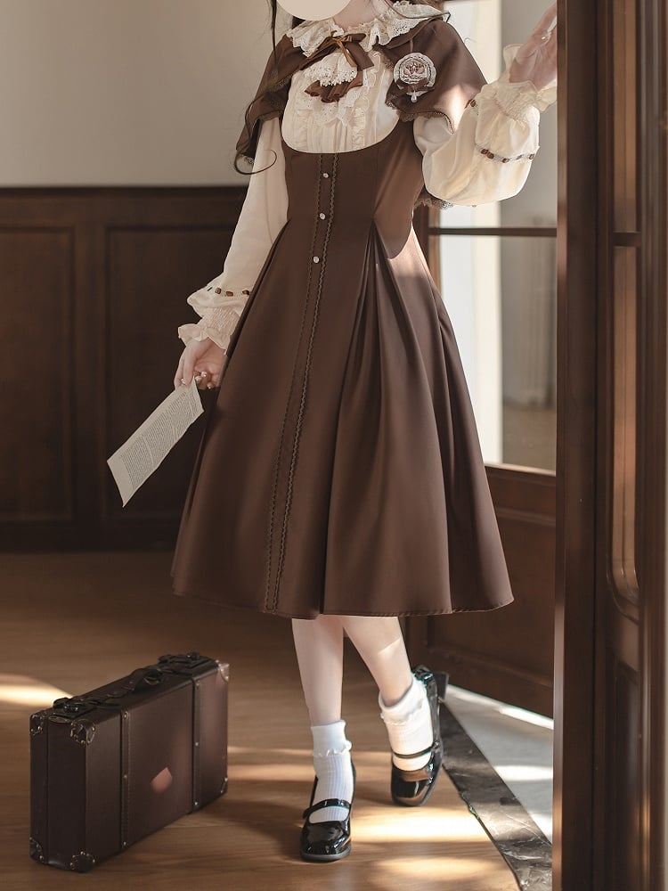 Lolita Two-Piece Brown Elegance OP: with Faux Cape Academic Detachable Vintage