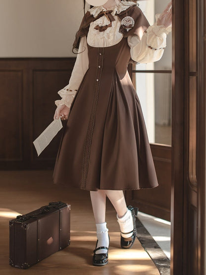 Lolita Two-Piece Brown Elegance OP: with Faux Cape Academic Detachable Vintage