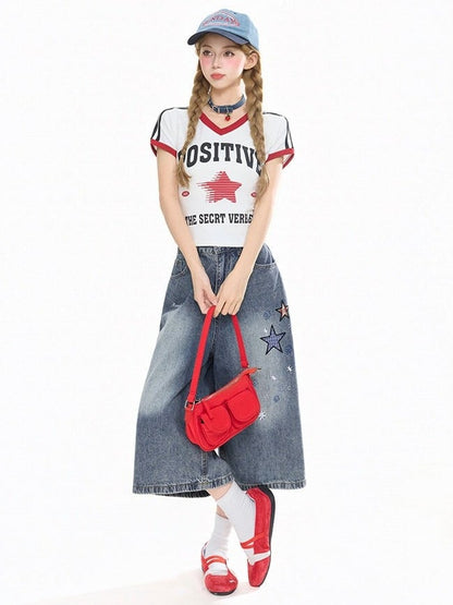 Blue Cropped Wide-Leg Denim Pants Star Appliqué