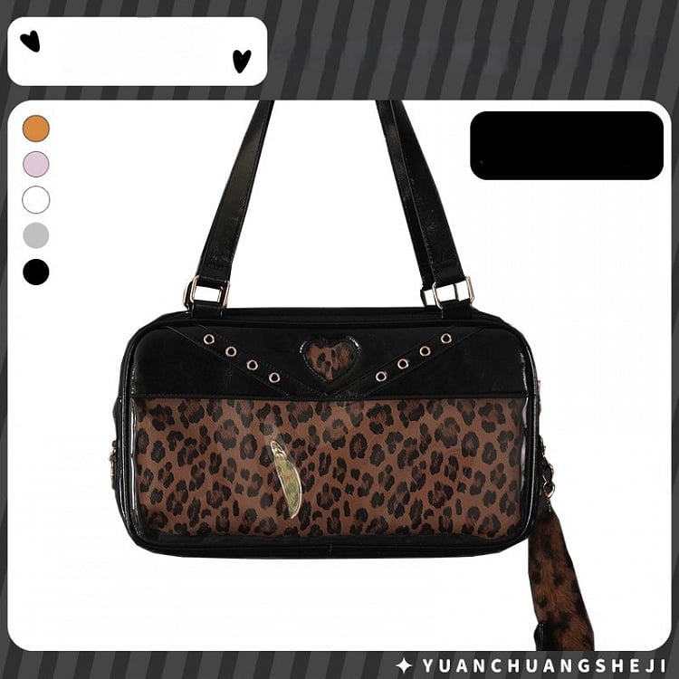 Black Cute Brown with Tail PU Bag Ita Shoulder Charm Leopard Decorated