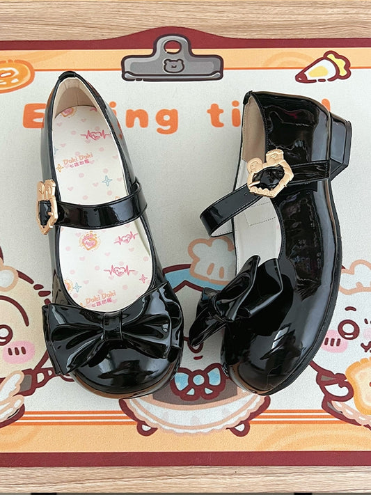 Lolita Accent Sweet Toe Bow Heels Bunny Black Round with PU - Low Buckle Front