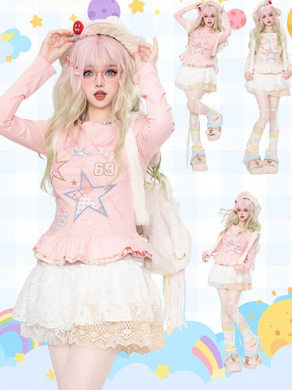 Pink Stars Print Long Sleeves Top Double Layered Ruffle Hem