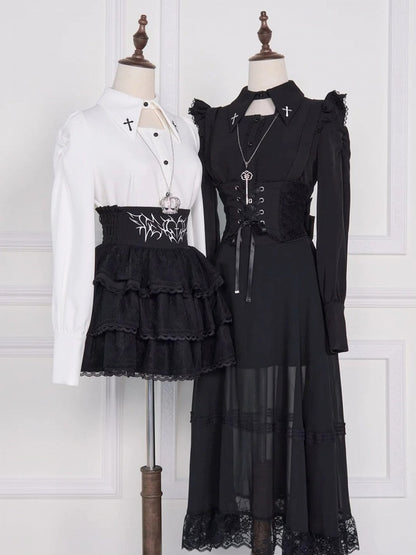 Jirai Kei High-Waist Skirt with Corset Lacing and Mesh - No Genki