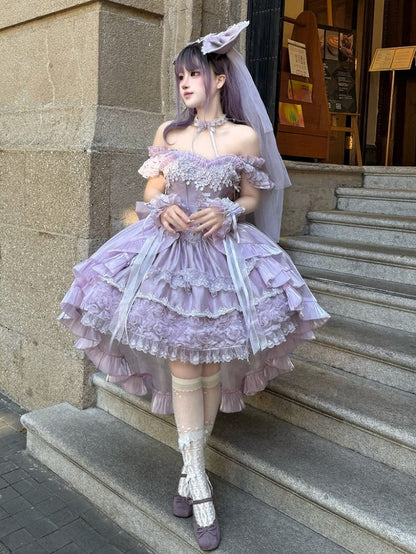 Lace Basque Blooming Flower Accents Hime Fluffy Lolita with Waist Layered Dress Purple