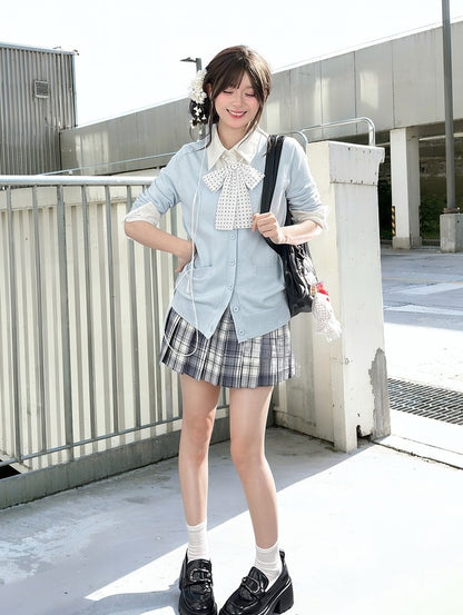 42CM/45CM/48CM JK Uniform Pleated Skirt White Plaid Preppy Style Gray