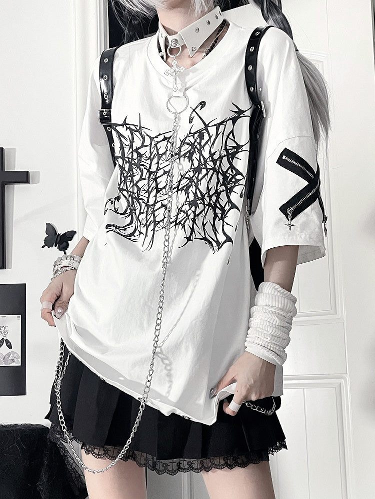 Chain T-Shirtwith Zipper SleeveDetachable Crossed Loose Gothic White