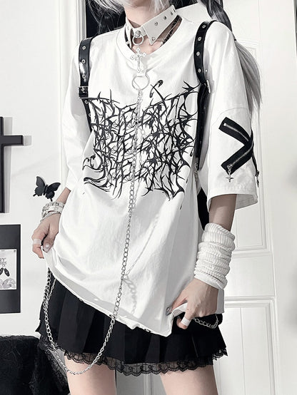 Chain T-Shirtwith Zipper SleeveDetachable Crossed Loose Gothic White