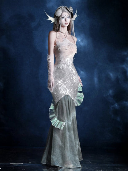 スパンコールマーメイドフェアリーボディコンドレスゴスシャイニングビーズバケーションホルターネック