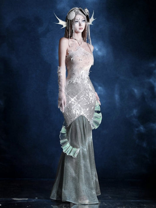 スパンコールマーメイドフェアリーボディコンドレスゴスシャイニングビーズバケーションホルターネック