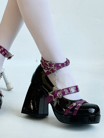with Mary Star Detachable Charm Chain High Janes Punk Purple Black Heel Block Buckle -