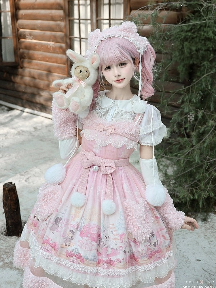 Pink Snow Theme Plush Heart Pocket Lolita Jumper Skirt Dress with Overlay - Lineall Cat