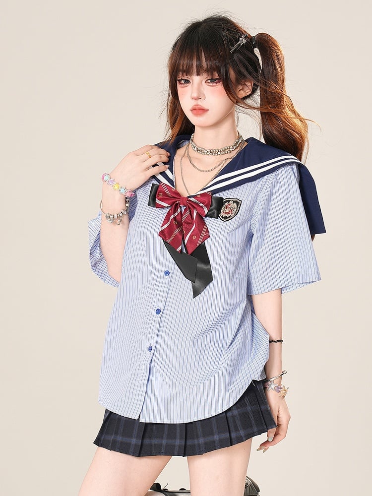 Collar Blue Pattern Bow Daily Sailor With Striped Kawaii Shirt