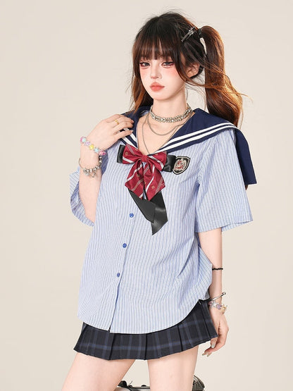 Collar Blue Pattern Bow Daily Sailor With Striped Kawaii Shirt