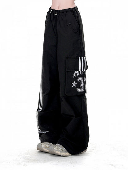 Lose Gerade-Bein Hosen Taschen Schwarz Kordelzug Taille Cargo