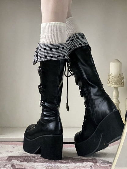 Heel Fold-over Cuff Block Black Platform Boots