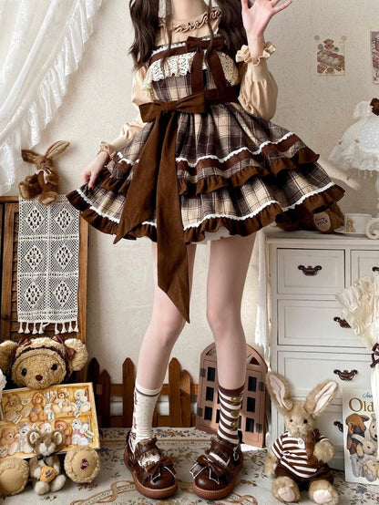 Braunes Lolita-Kleid mit Karomuster und hoher Taille, Herbst- und Winter-Lolita-Pulloverrock