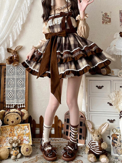 High Pattern Plaid Brown Lolita Waist Winter Dress Skirt and Jumper Autumn