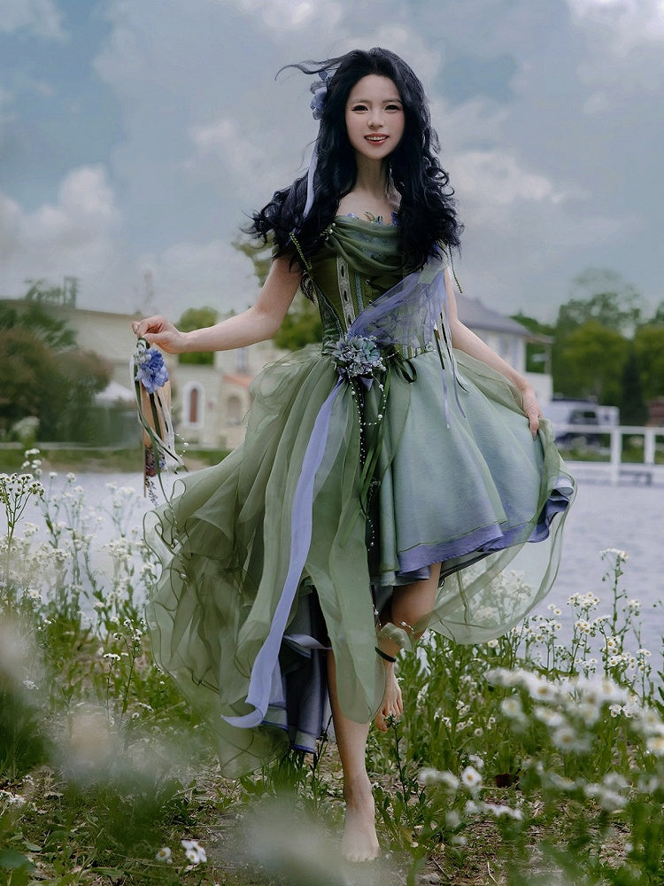 Elegant Green Layered High-Low Skirt - Zao Jing Ji