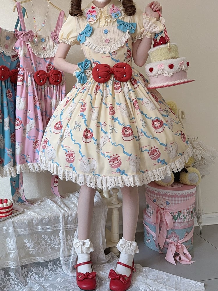 Lolita Print Kleid Gelb Showa Cherry Fashion Creme Sweet Cake Kitty und