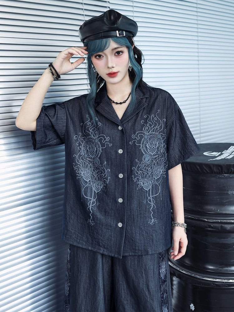 Dark Blue Short Sleeve Shirt with Sea Lily Print - Quirky Hut