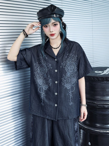 Dark Blue Short Sleeve Shirt with Sea Lily Print - Quirky Hut