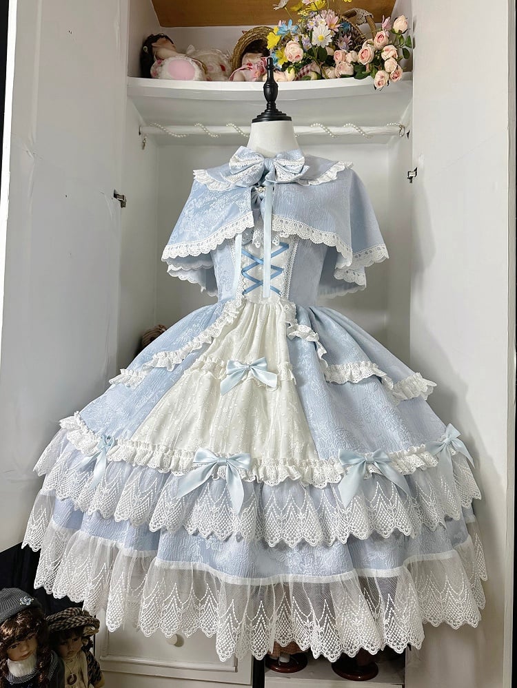 Blau-weißes Old School Lolita Fashion Kleid mit Schleife und Details, JSK-Set