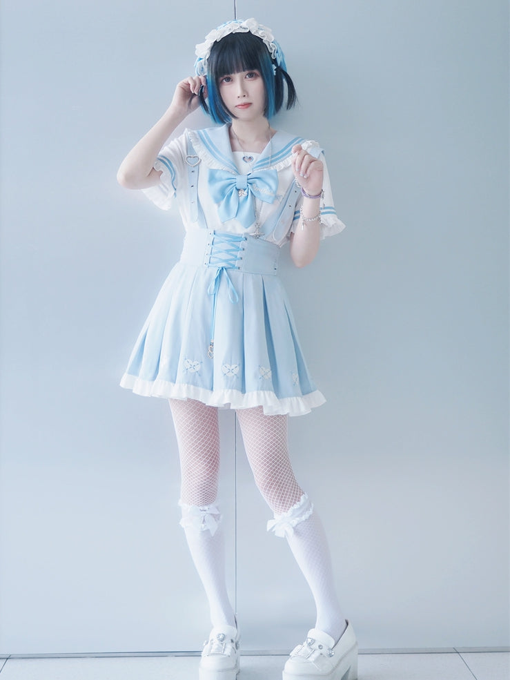 Jirai Kei Overalls Hellblau Herz Stickerei vorne Schnürung