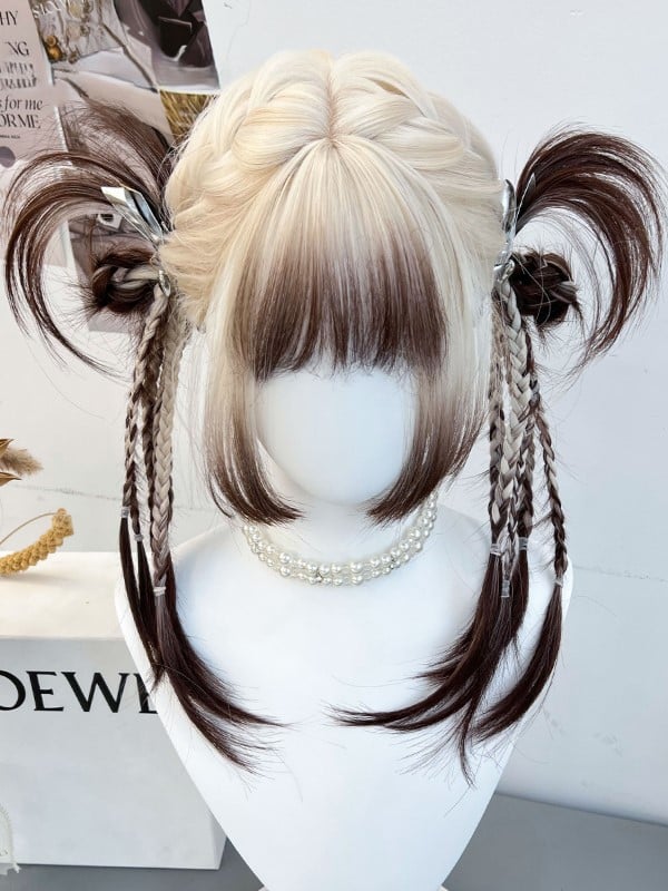 Bangs Ombre Wig Braided Color White Synthetic And Brown Hair Full With