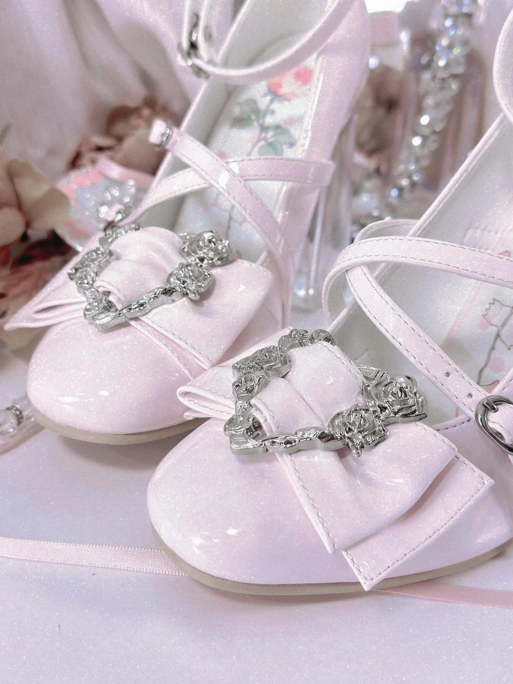 Rose Pink Leather Design with Light PU Block Heels Adorned Heart High Crisscross