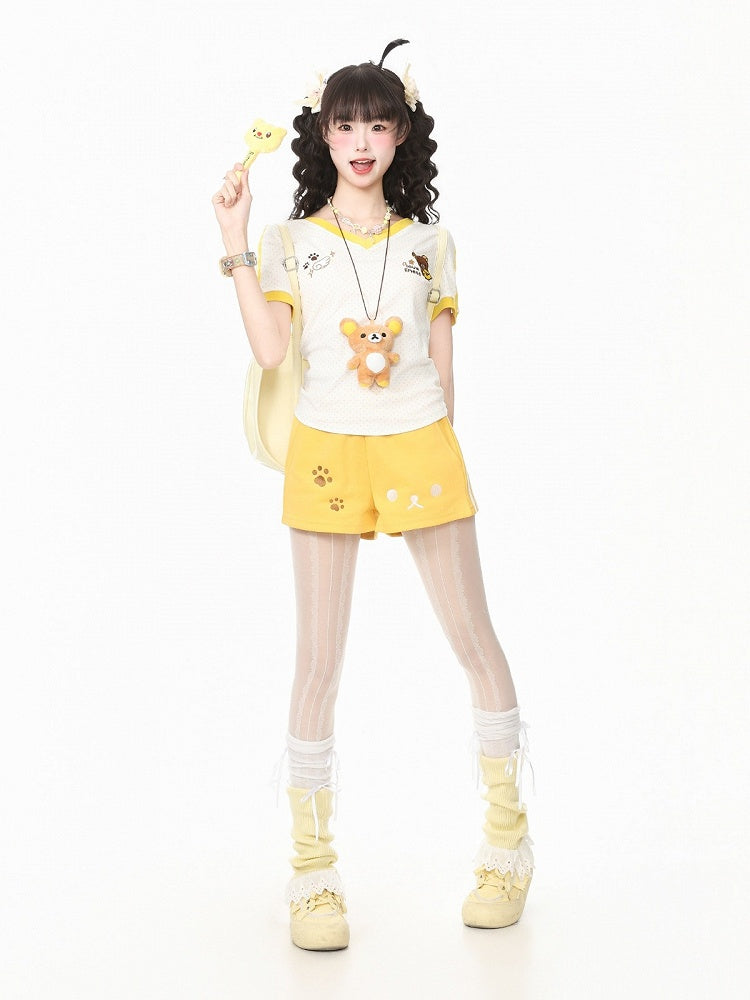 Kawaii Otaku Bear-Embroidered Yellow Shorts for Casual Wear - Languid Park