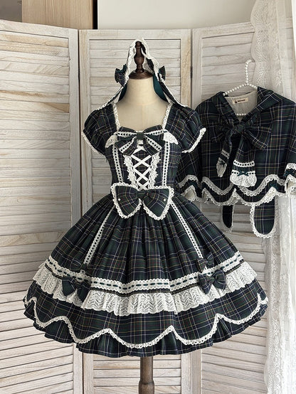 und Kleid karierte Puffärmel mit Akzenten Lolita-Schleife gewellter Rand süßes Grün