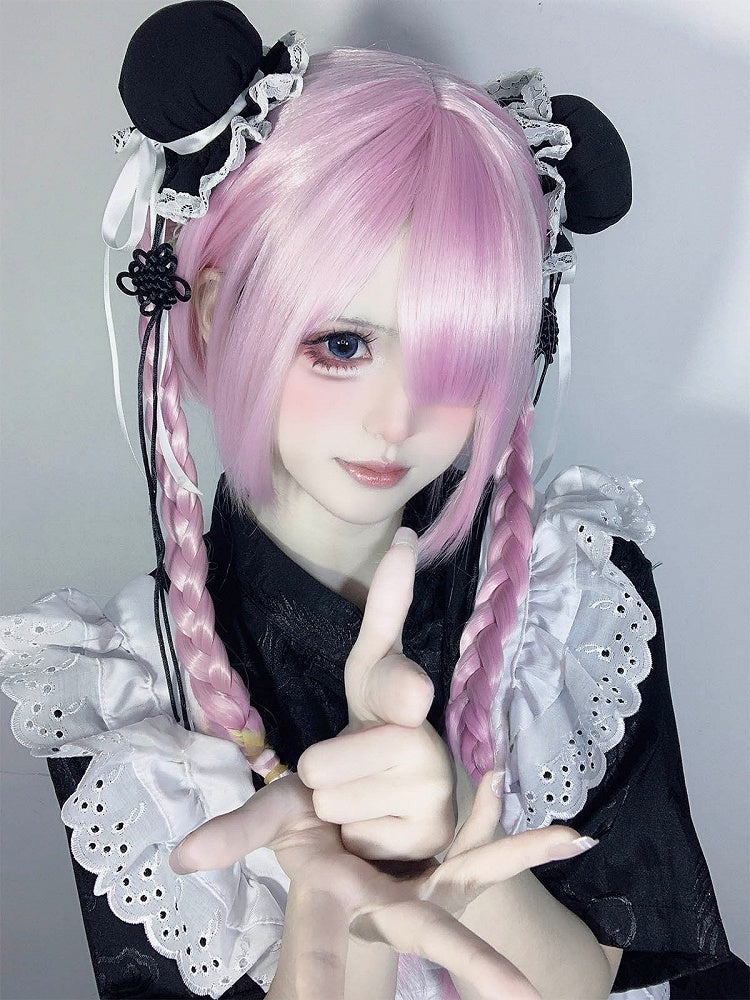Bangs Double Braided Full 55CM Wig with 30CM Pink Straight Clip Ponytails Short Claw