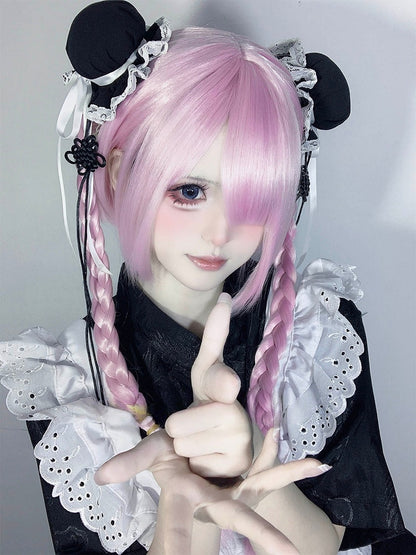 Bangs Double Braided Full 55CM Wig with 30CM Pink Straight Clip Ponytails Short Claw