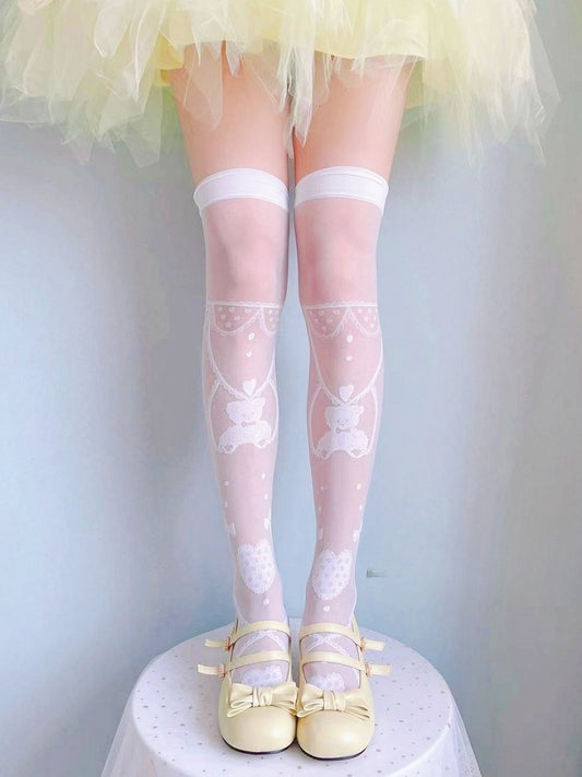 White/Black Teddy Bear and Heart Over Knee Stockings